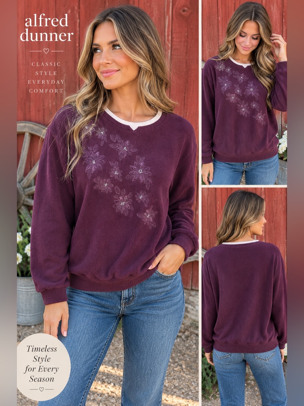 Alfred Dunner Purple Floral Embellished Fleece Sweatshirt Pullover